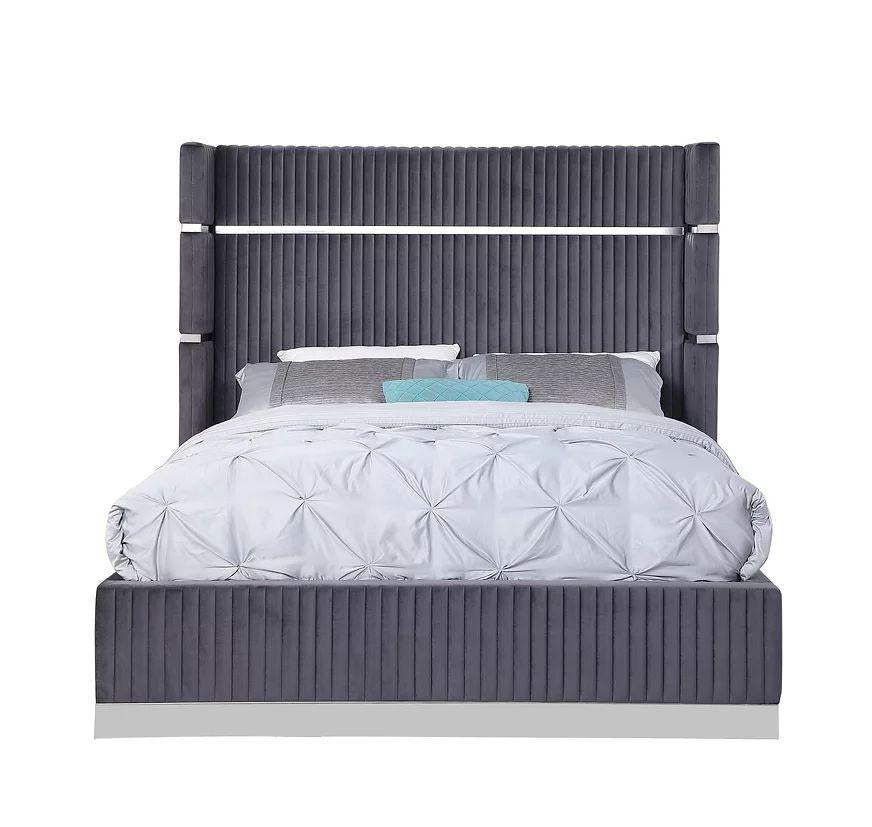 Aspen Grey Velvet Upholstered Bed With Silver Strips