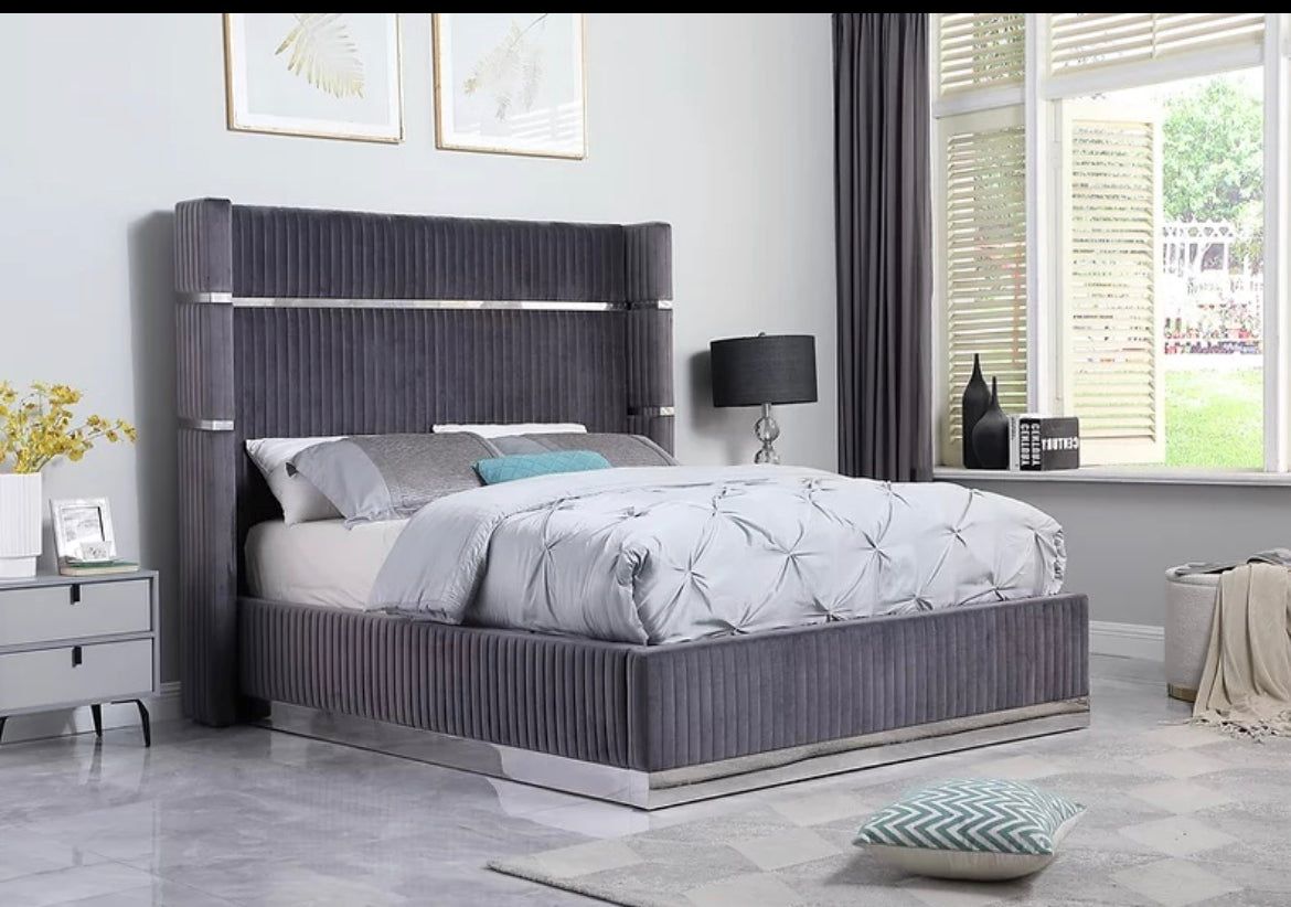 Aspen Grey Velvet Upholstered Bed With Silver Strips