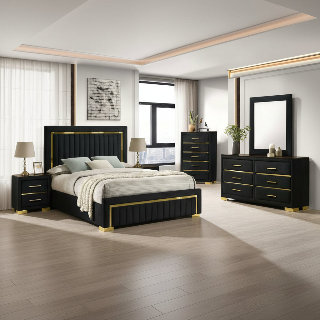 Modern bedroom set with black and gold furniture in a well-lit room.