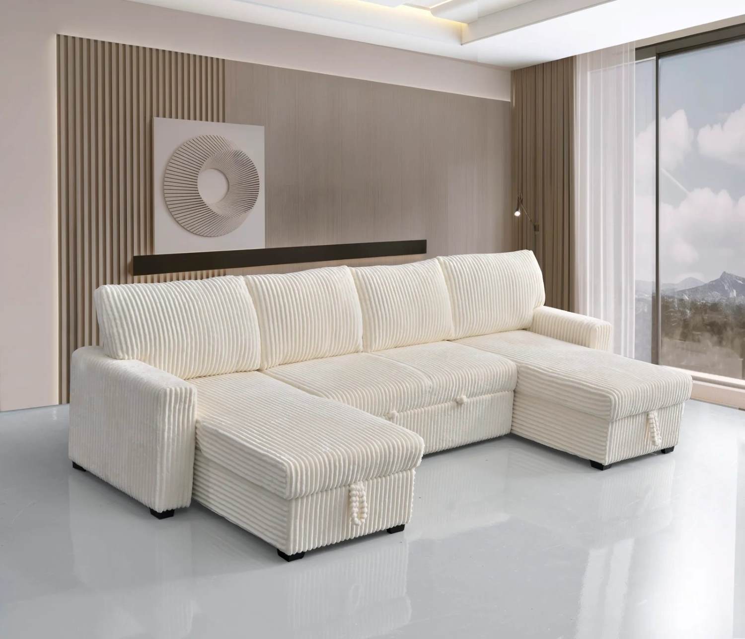 Beige Corduroy Fabric Sectional Sofa Bed with Lift-up Storage 504