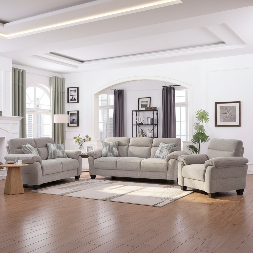 Beige Fabric High-density Foam Seating Sofa Set With Accent Pillows 8026