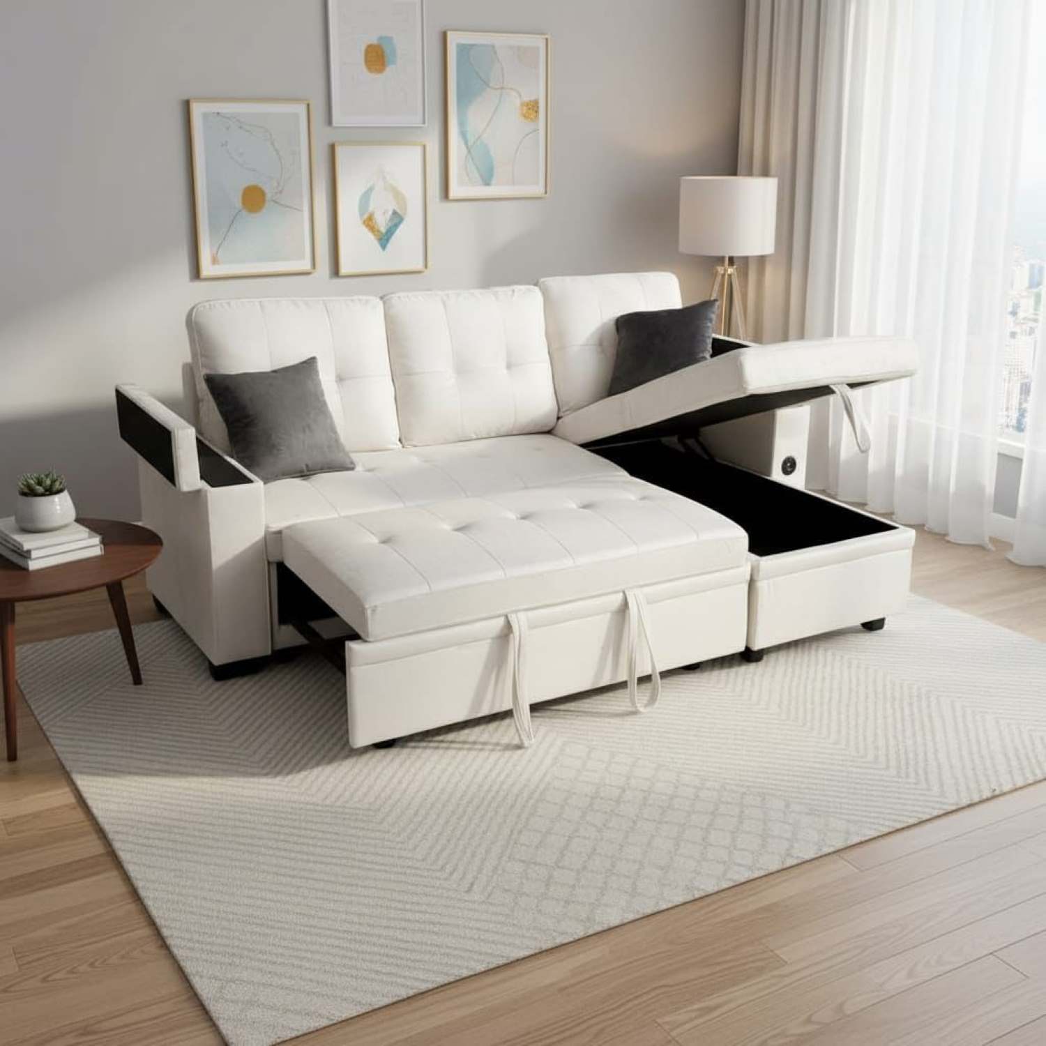 Beige Fabric Reversible Sofa Bed with USB Charger & Cup Holders 712A