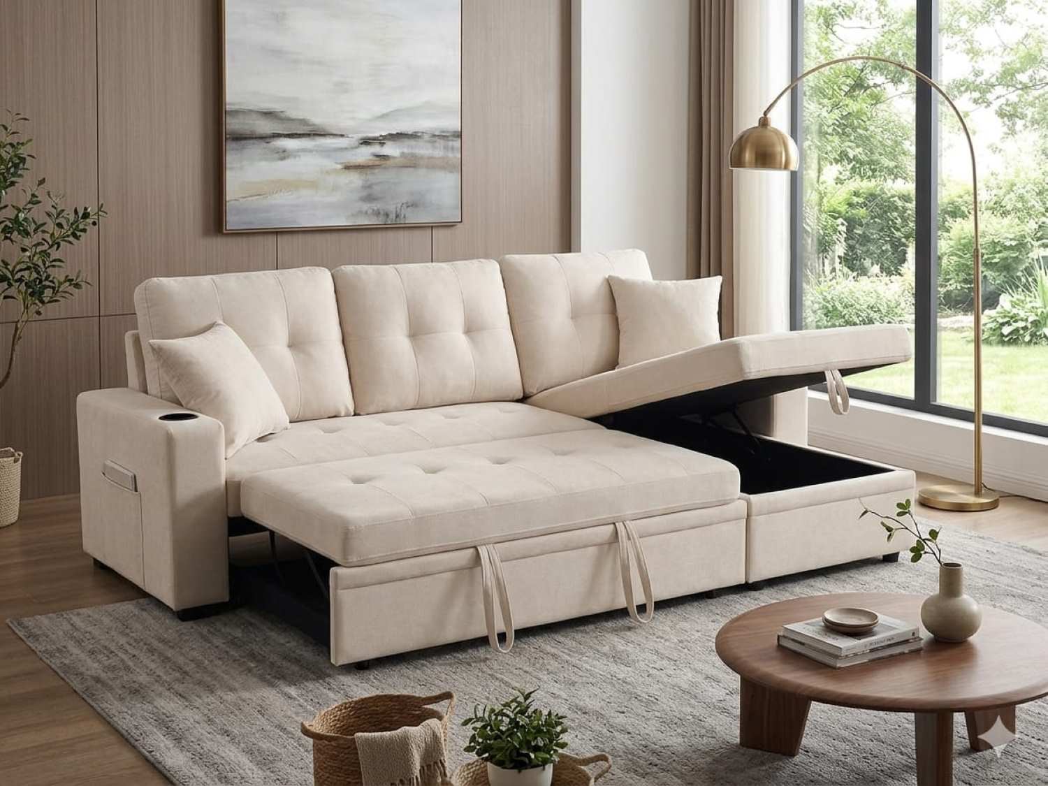 Beige Fabric Reversible Sofa Bed with USB Charger & Cup Holders 712A