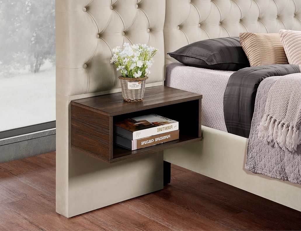 Beige Velvet Fabric Bed With Brown Night Stand 5565
