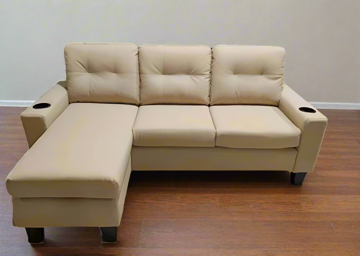 Beige PU  Reversible Sectional Sofa with Cup Holder 2217