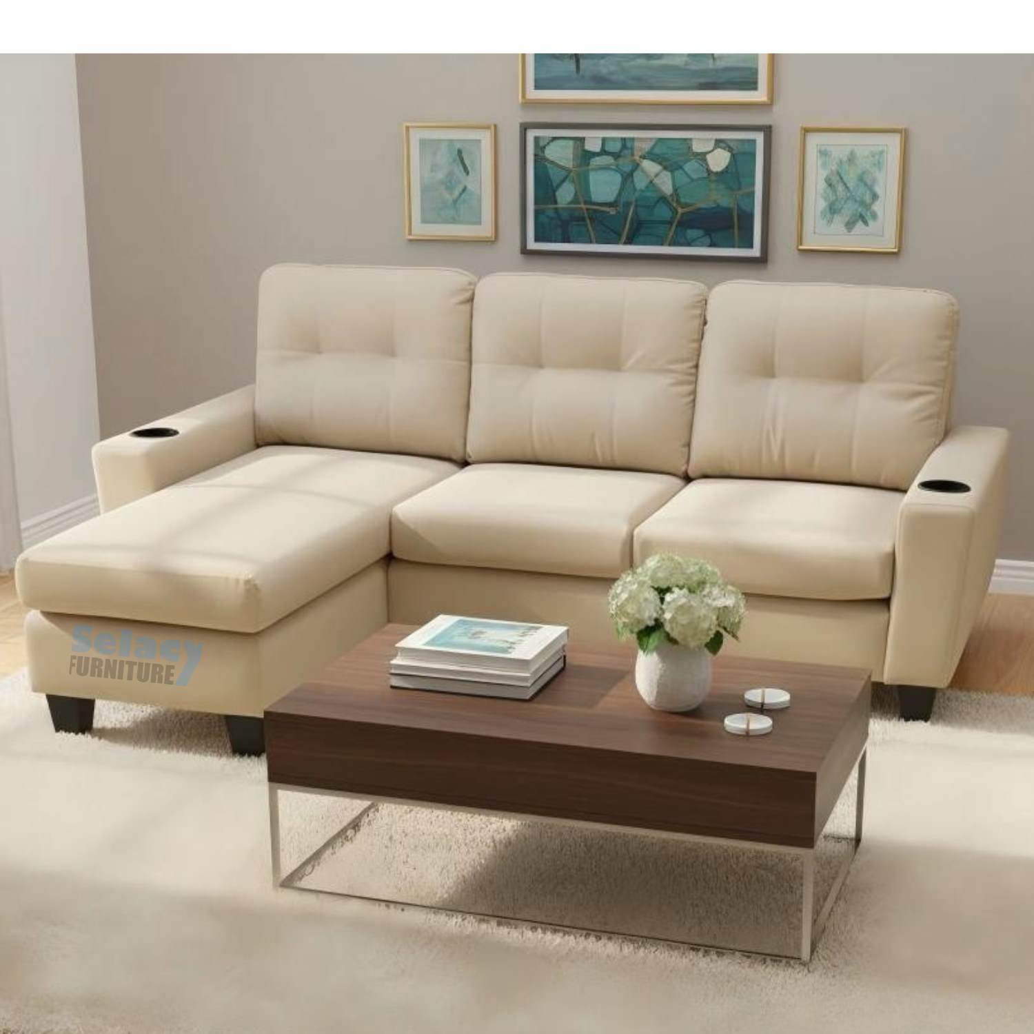 Beige PU  Reversible Sectional Sofa with Cup Holder 2217