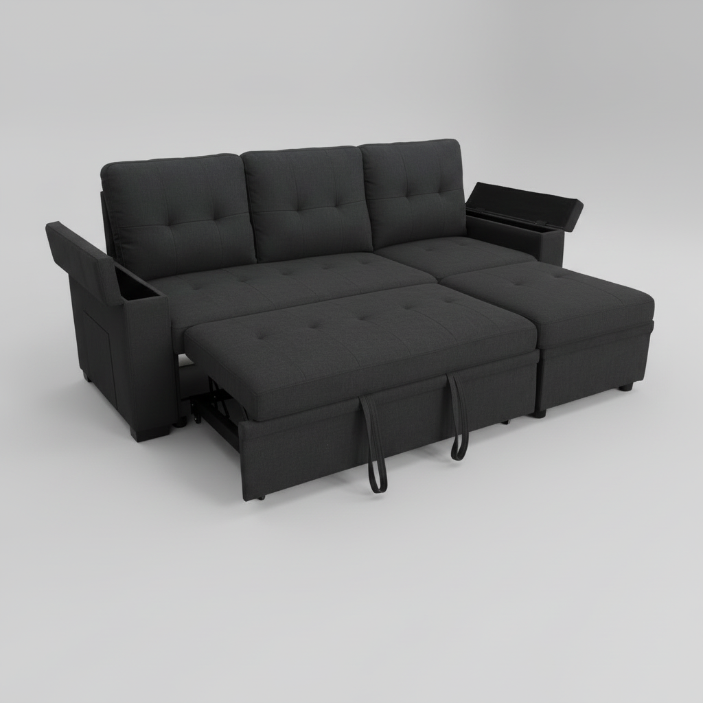 Black Fabric Reversible Sofa Bed with USB Charger & Cup Holders 712A