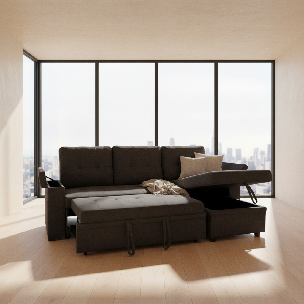 Black Fabric Reversible Sofa Bed with USB Charger & Cup Holders 712A