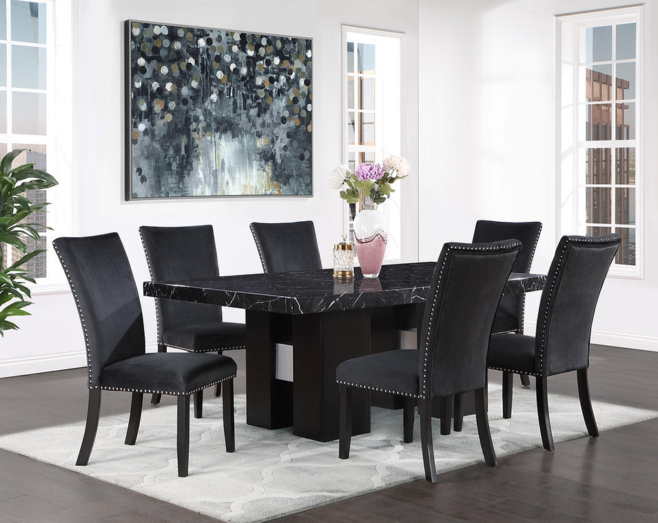 Black Faux Marble Dining Table Set With Black Velvet Chairs 1605