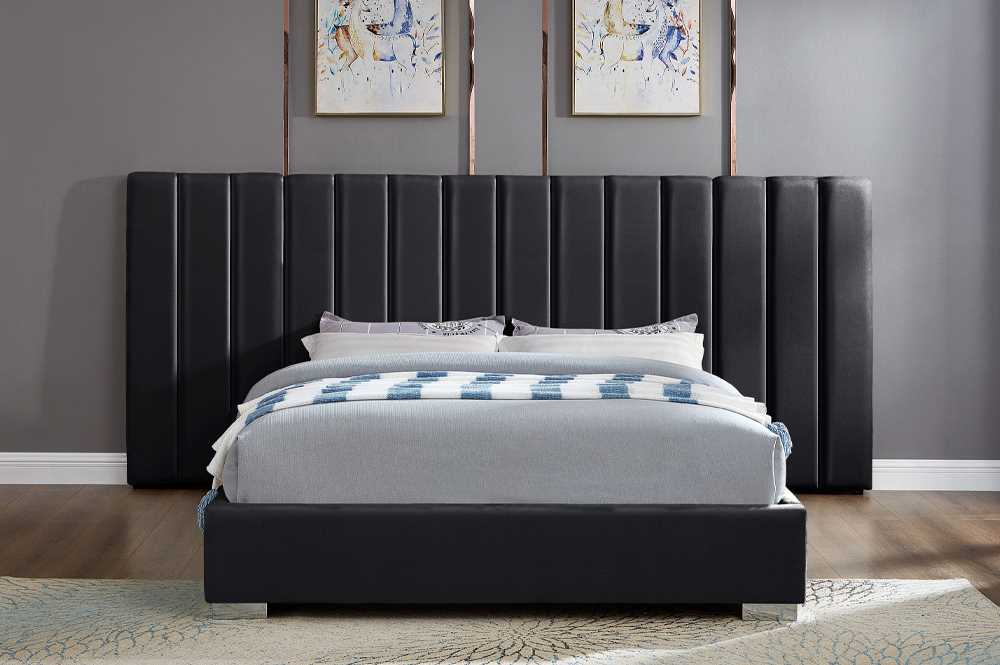 Black Platform Velvet Bed With Paneled headboard 2379