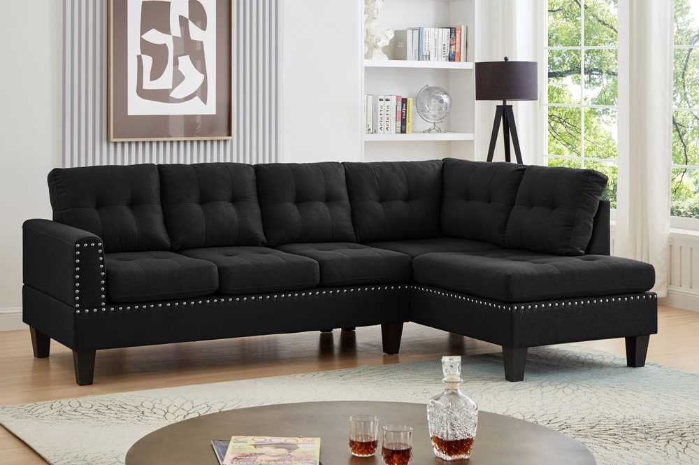 Black Reversible Sectional Sofa With Nailhead Trim 1234