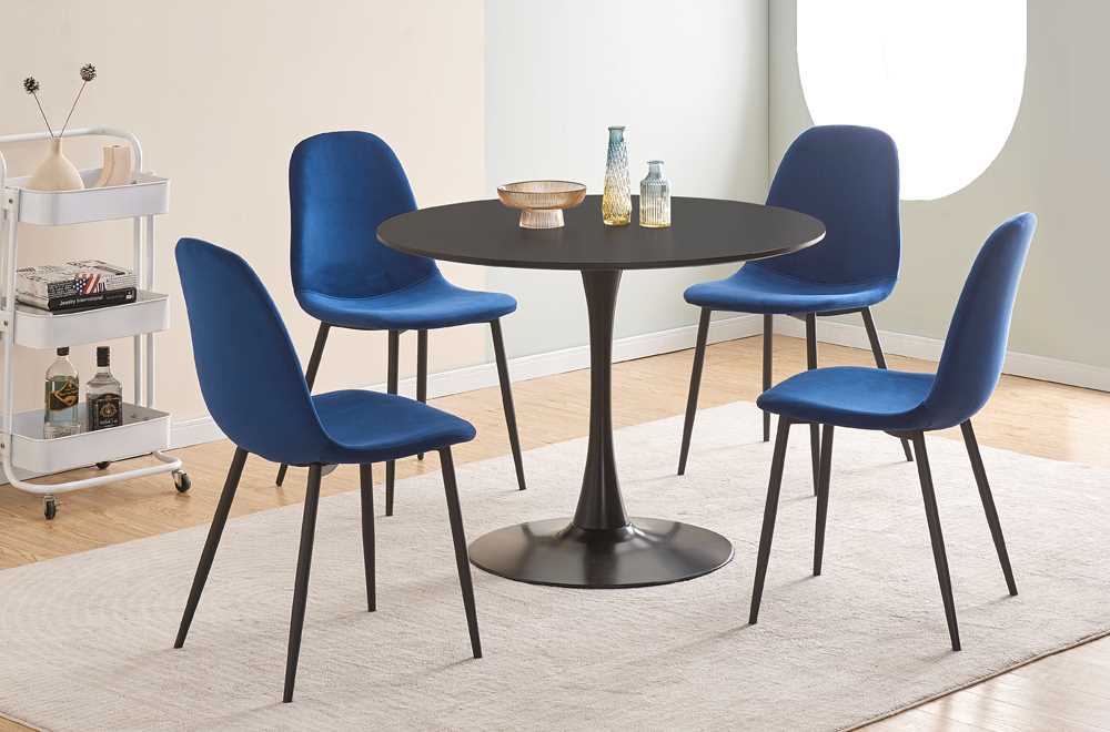 Black Round Dining Table With 4 Blue Chairs T 3810 / T 215