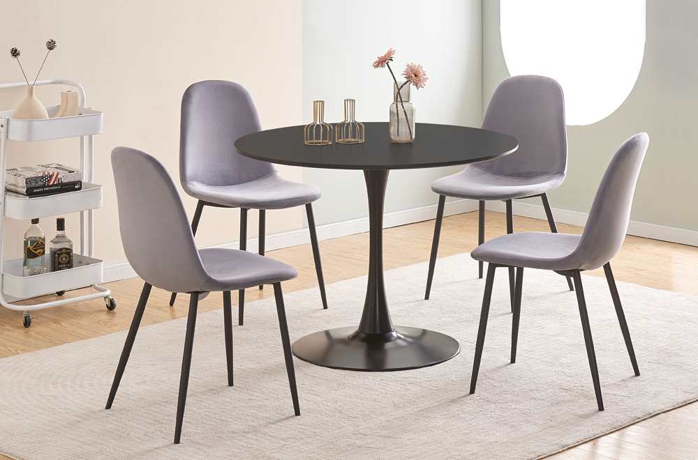 Black Round Dining Table With 4 Grey Chairs T 3810 / T 215