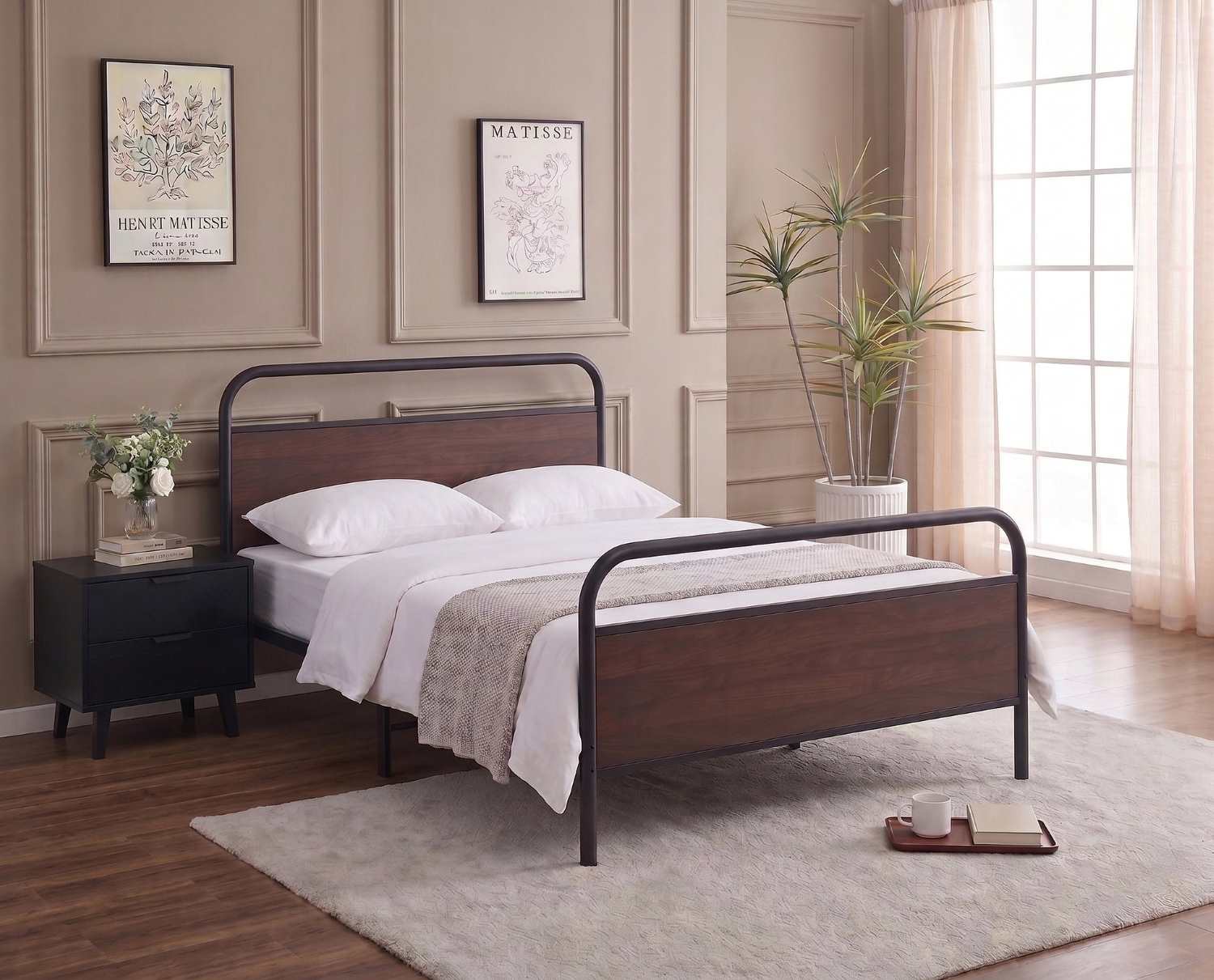 Black Steel Bed Frame with Wood Panel Accents IF 5255
