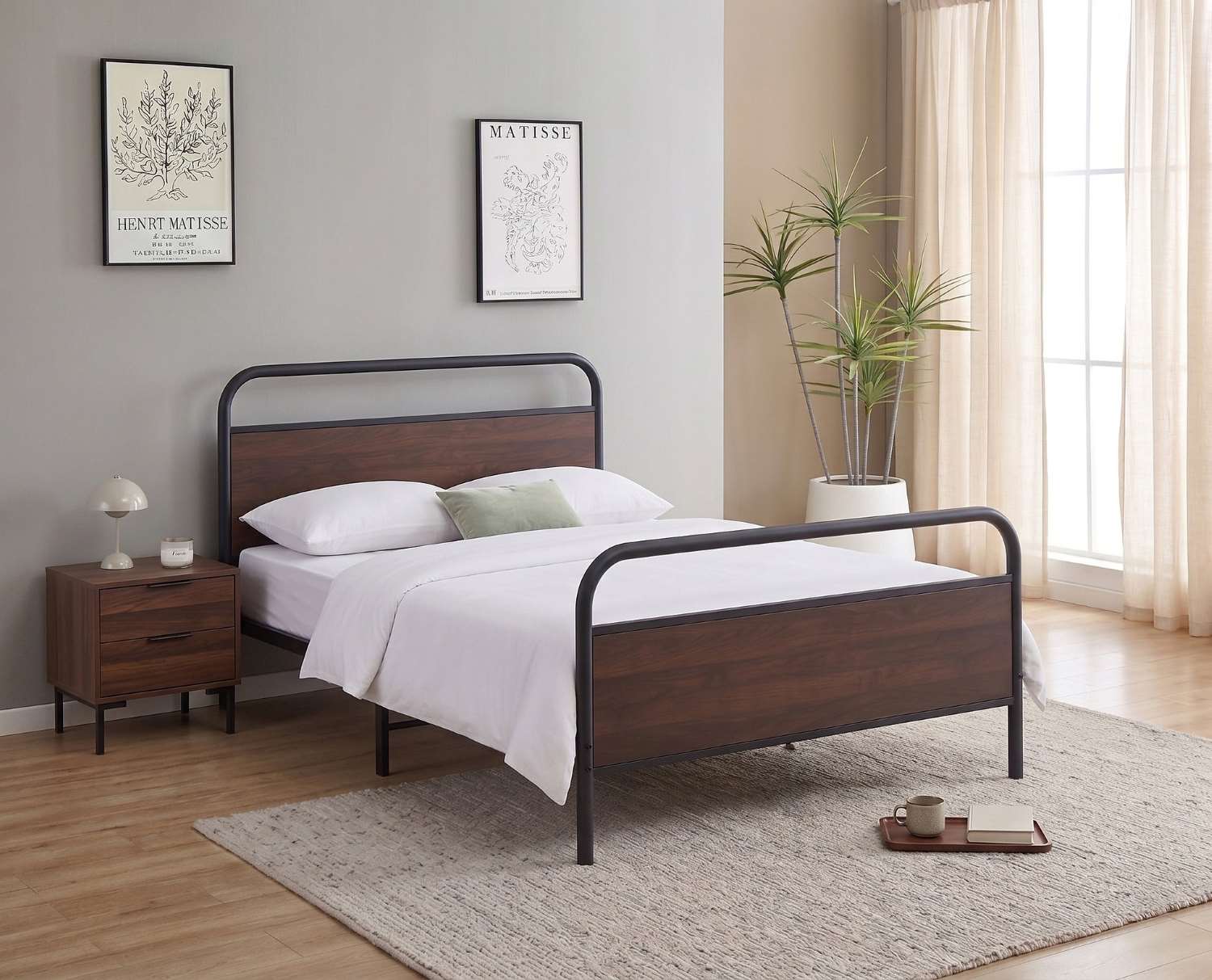 Black Steel Bed Frame with Wood Panel Accents IF 5255