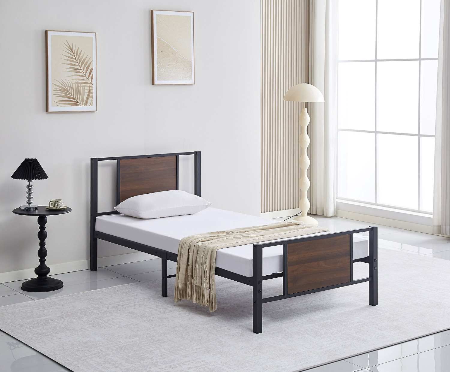 Black Steel Bed Frame with Wood Panel Accents IF 5275
