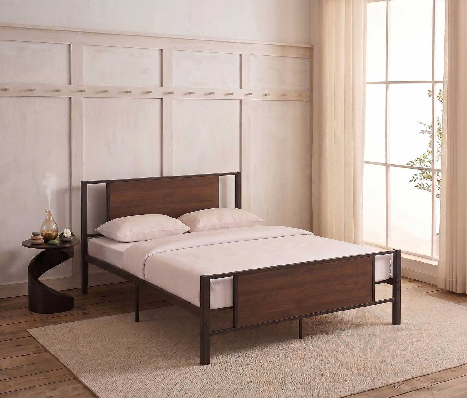 Black Steel Bed Frame with Wood Panel Accents IF 5275