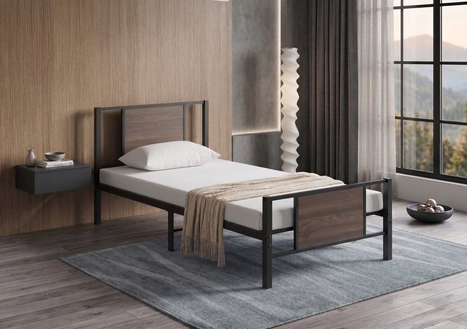 Black Steel Bed Frame with Wood Panel Accents IF 5275