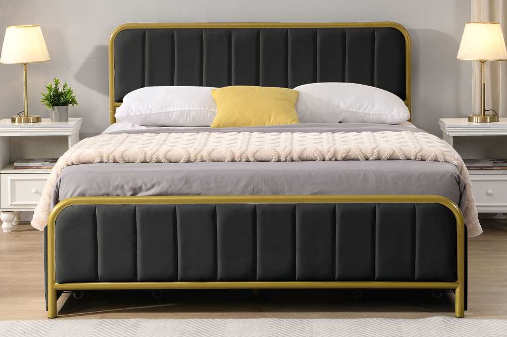 Black Storage Bed With Velvet Fabric & Brushed Gold Metal Trim 2334