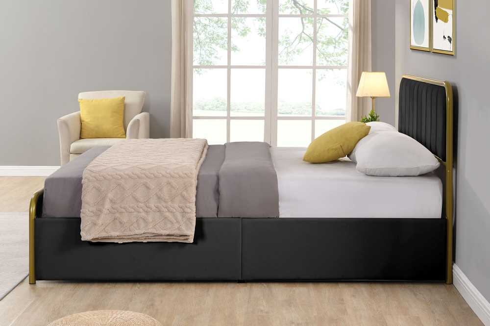 Black Storage Bed With Velvet Fabric & Brushed Gold Metal Trim 2334