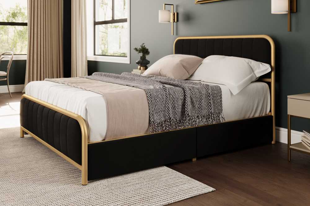 Black Storage Bed With Velvet Fabric & Brushed Gold Metal Trim 2334