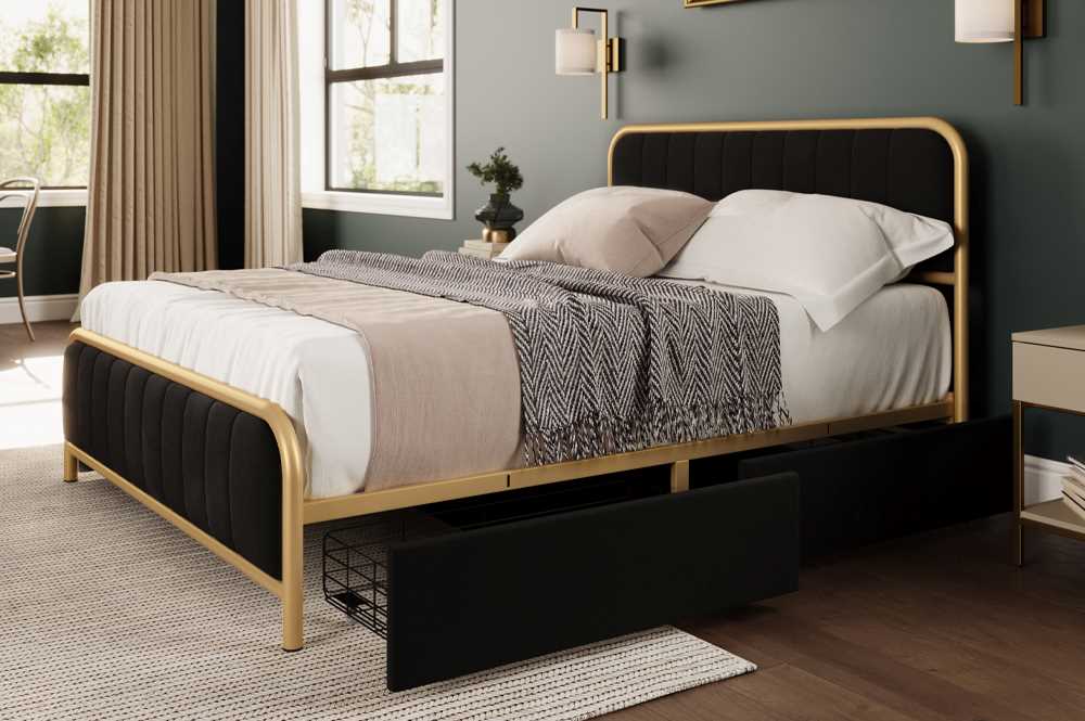 Black Storage Bed With Velvet Fabric & Brushed Gold Metal Trim 2334