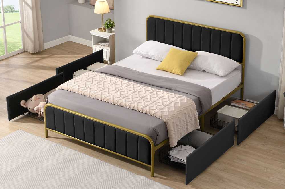 Black Storage Bed With Velvet Fabric & Brushed Gold Metal Trim 2334