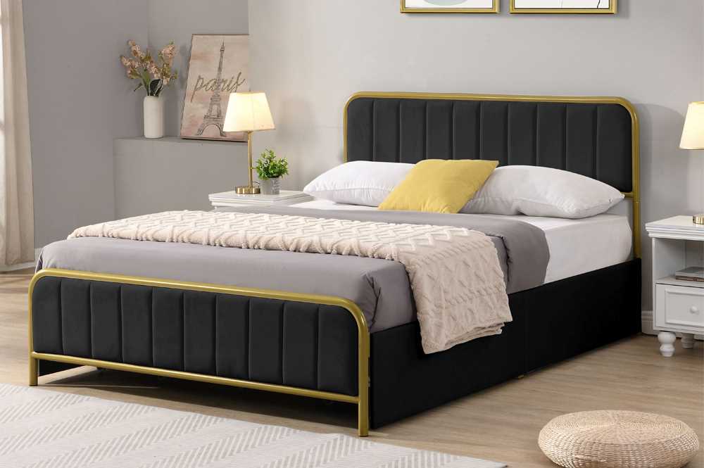 Black Storage Bed With Velvet Fabric & Brushed Gold Metal Trim 2334