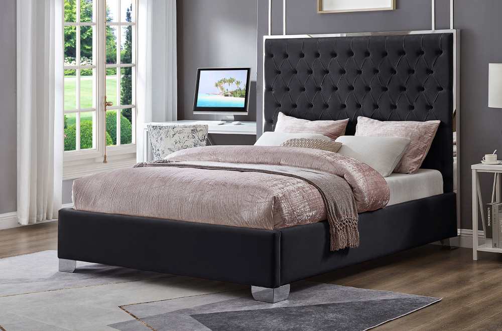 Black Velvet Platform Bed With Tufted Headboard 2385