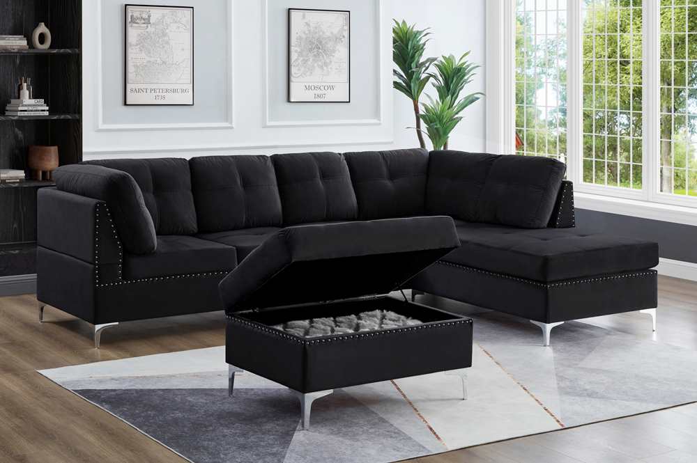 Black Velvet Reversible Sectional Sofa With Storage Ottoman 1233