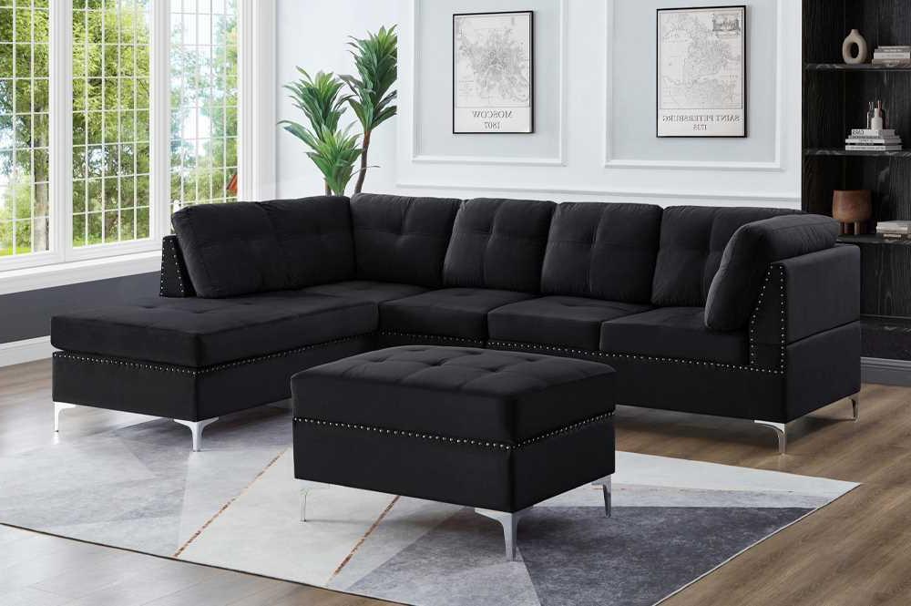 Black Velvet Reversible Sectional Sofa With Storage Ottoman 1233