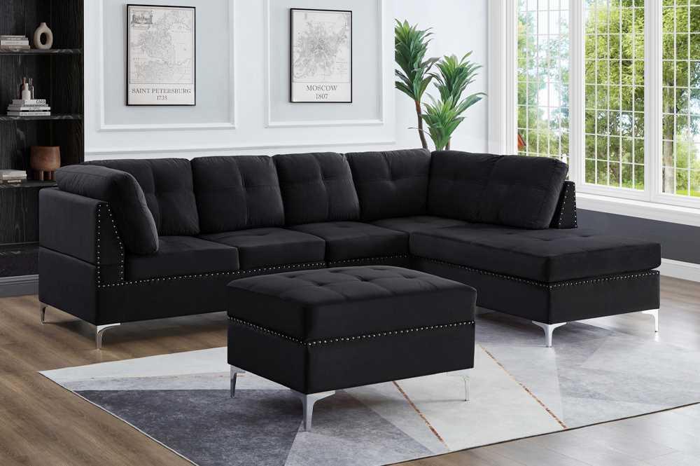 Black Velvet Reversible Sectional Sofa With Storage Ottoman 1233