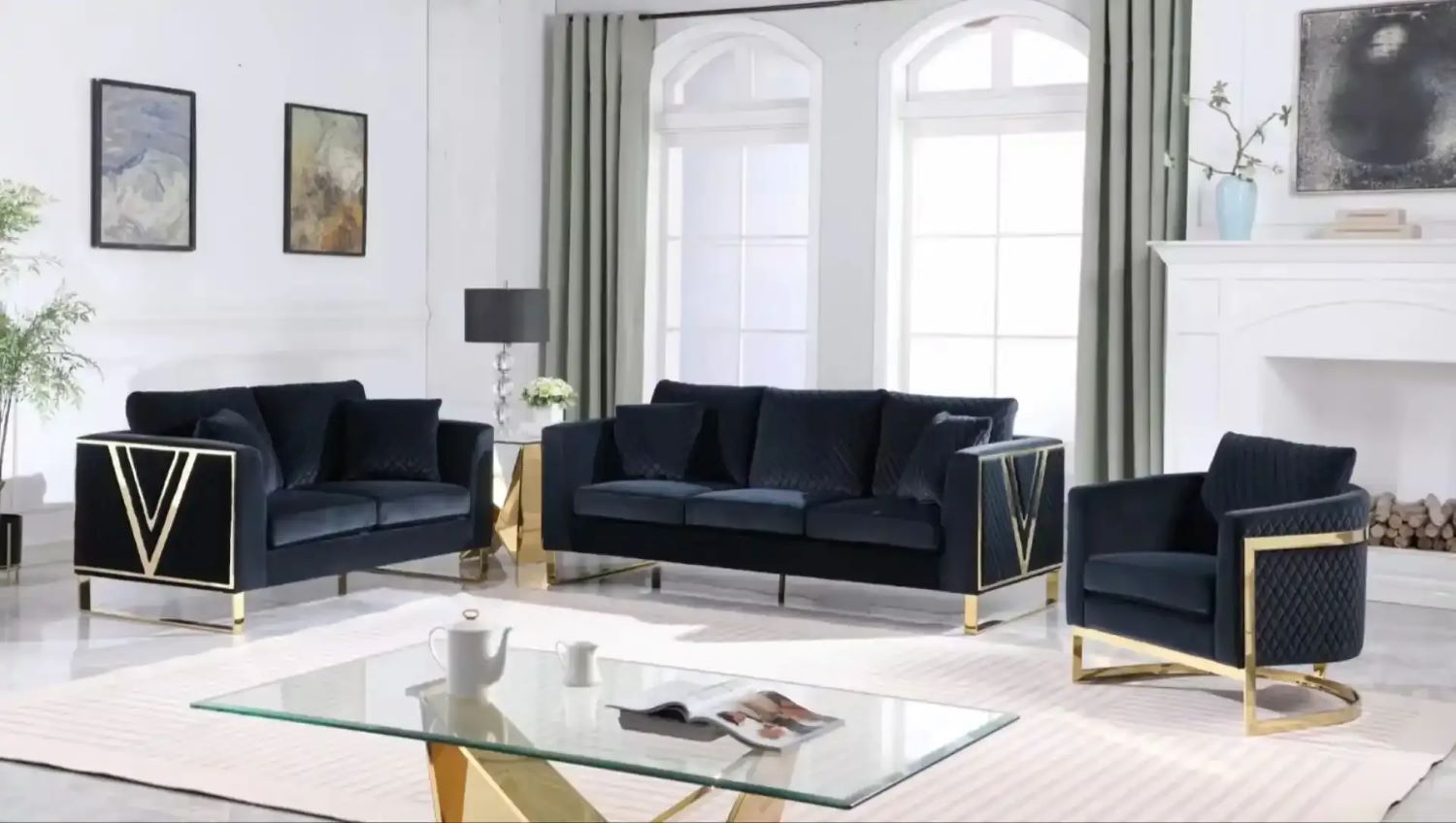 Black Velvet Sofa Set With Gold Leg W331