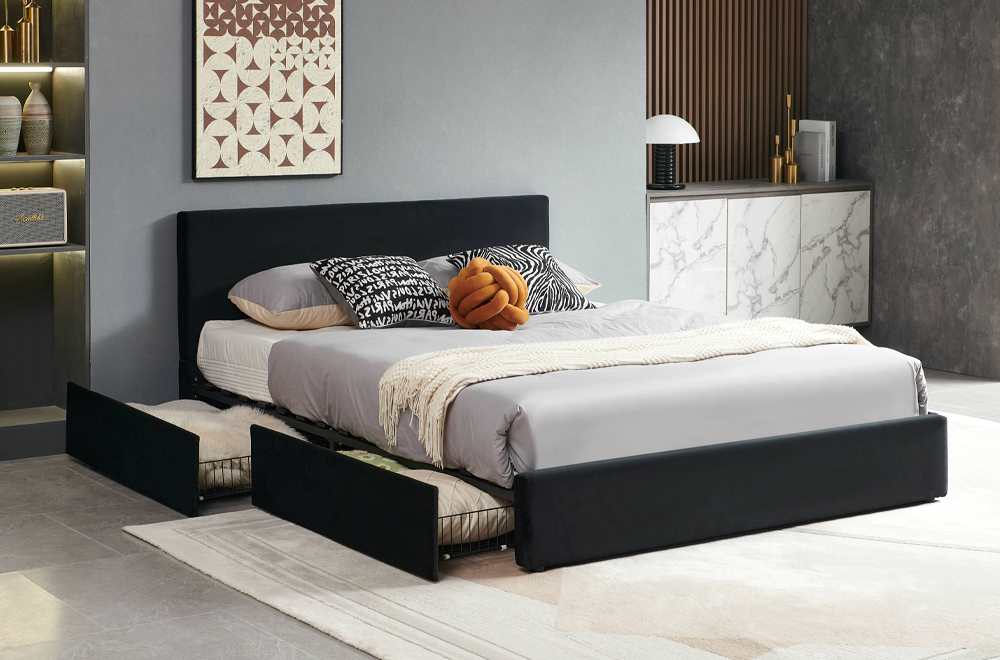 Black Velvet Storage Platform Bed 2128