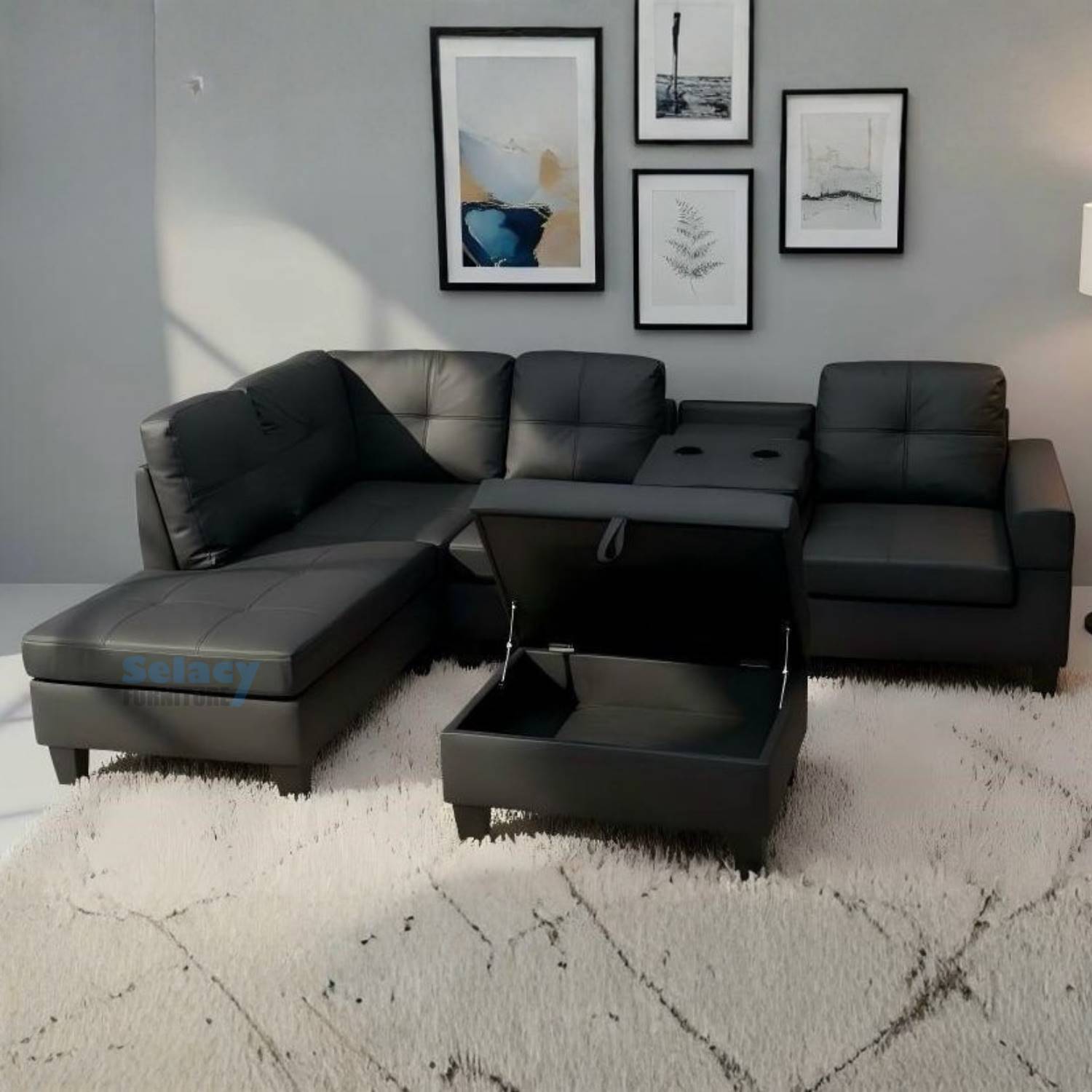 Black Soft PU Reversible Sectional Sofa with Drop Down Tray & Stoage Ottoman 2406