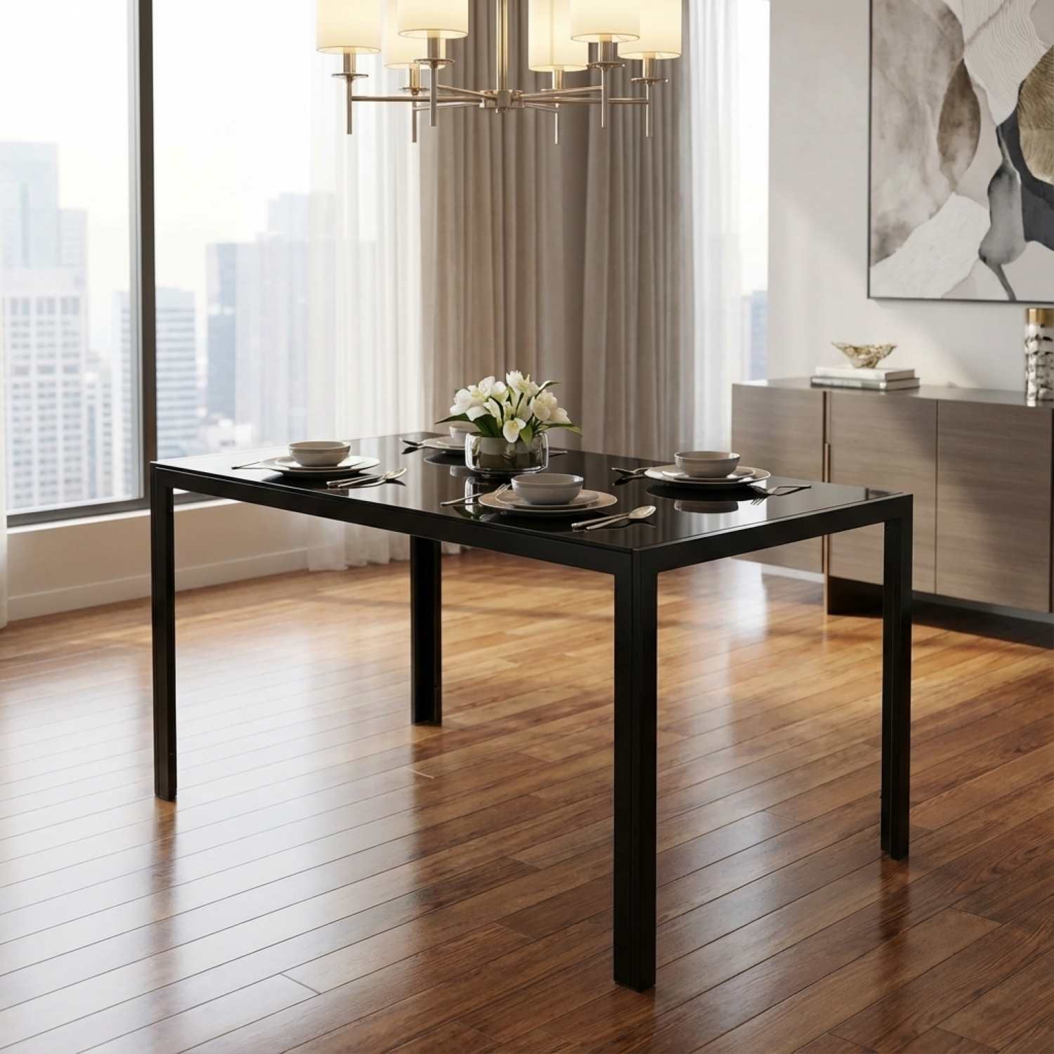Black Tempered Glass Dining Table with 4 Black Chairs 5053