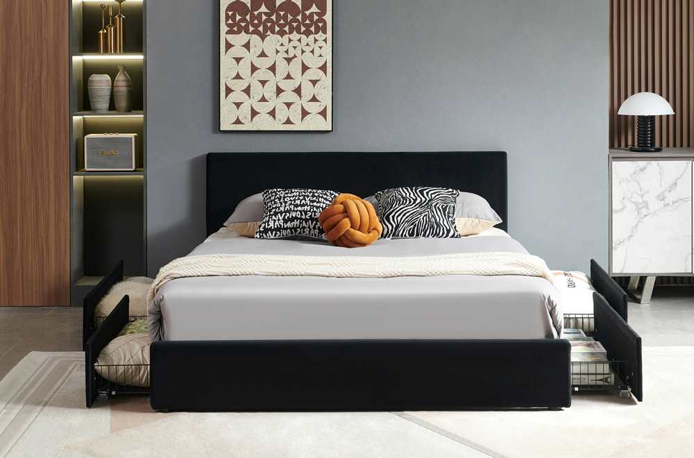 Black Velvet Storage Platform Bed 2128