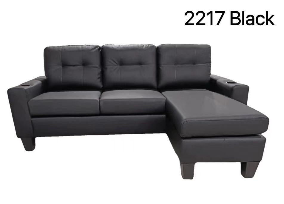 Black PU  Reversible Sectional Sofa with Cup Holder 2217