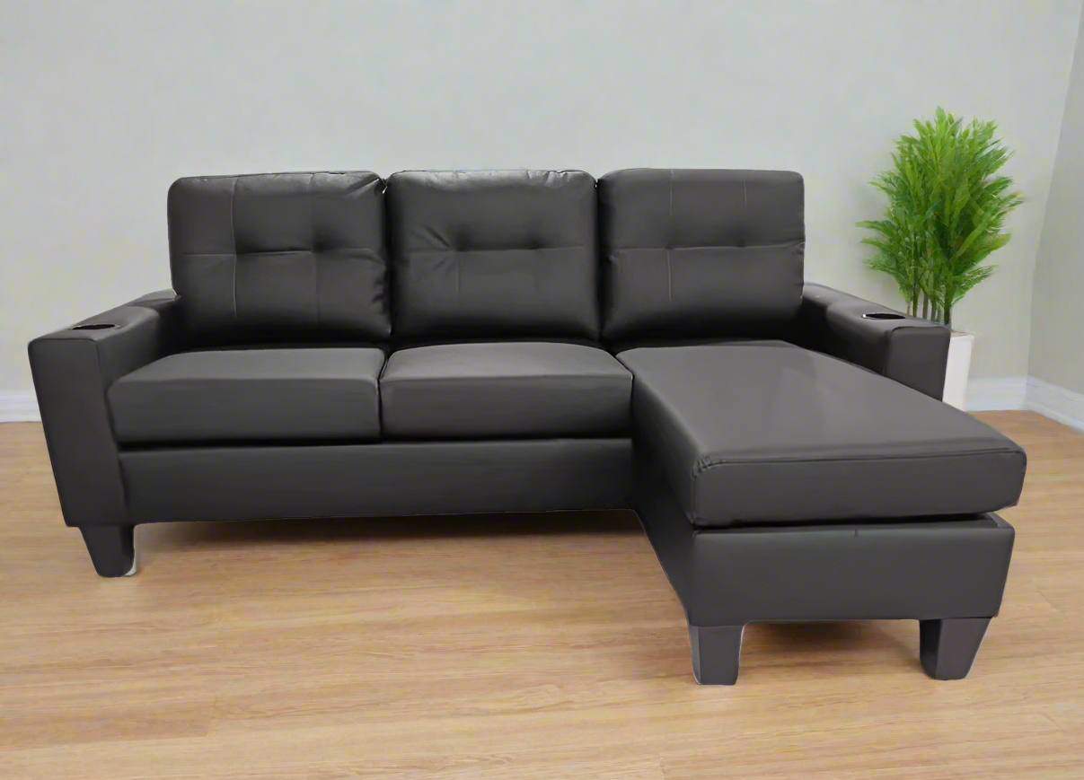 Black PU  Reversible Sectional Sofa with Cup Holder 2217