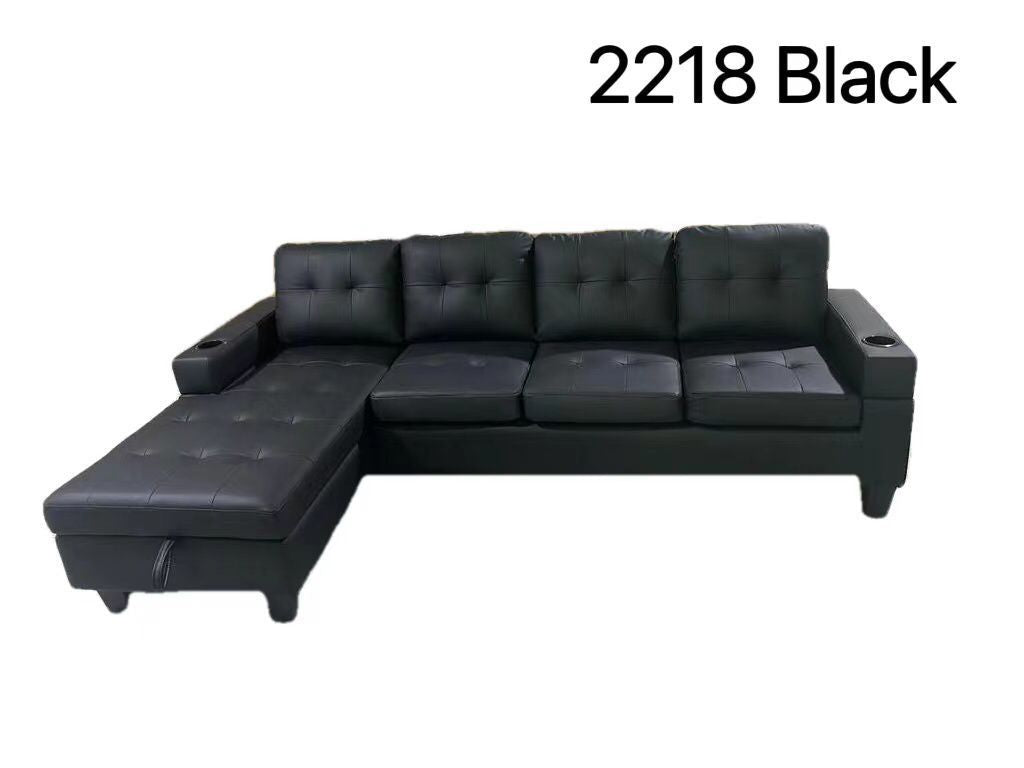 Black PU Sectional Sofa with Cup Holder 2218