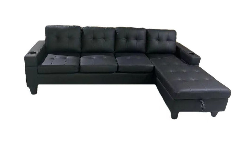 Black PU Sectional Sofa with Cup Holder 2218