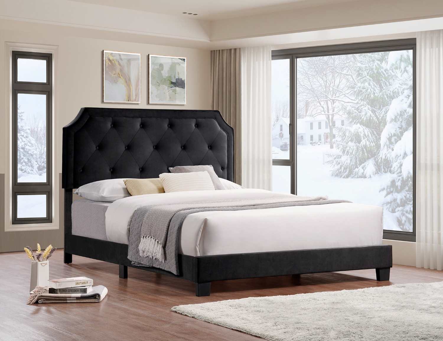 Black Velvet Fabric Platform Bed 5613