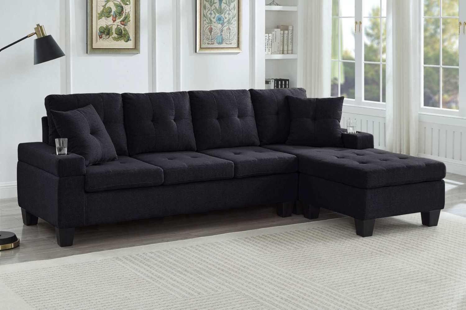 Black Fabric Reversible Sectional Sofa 1239