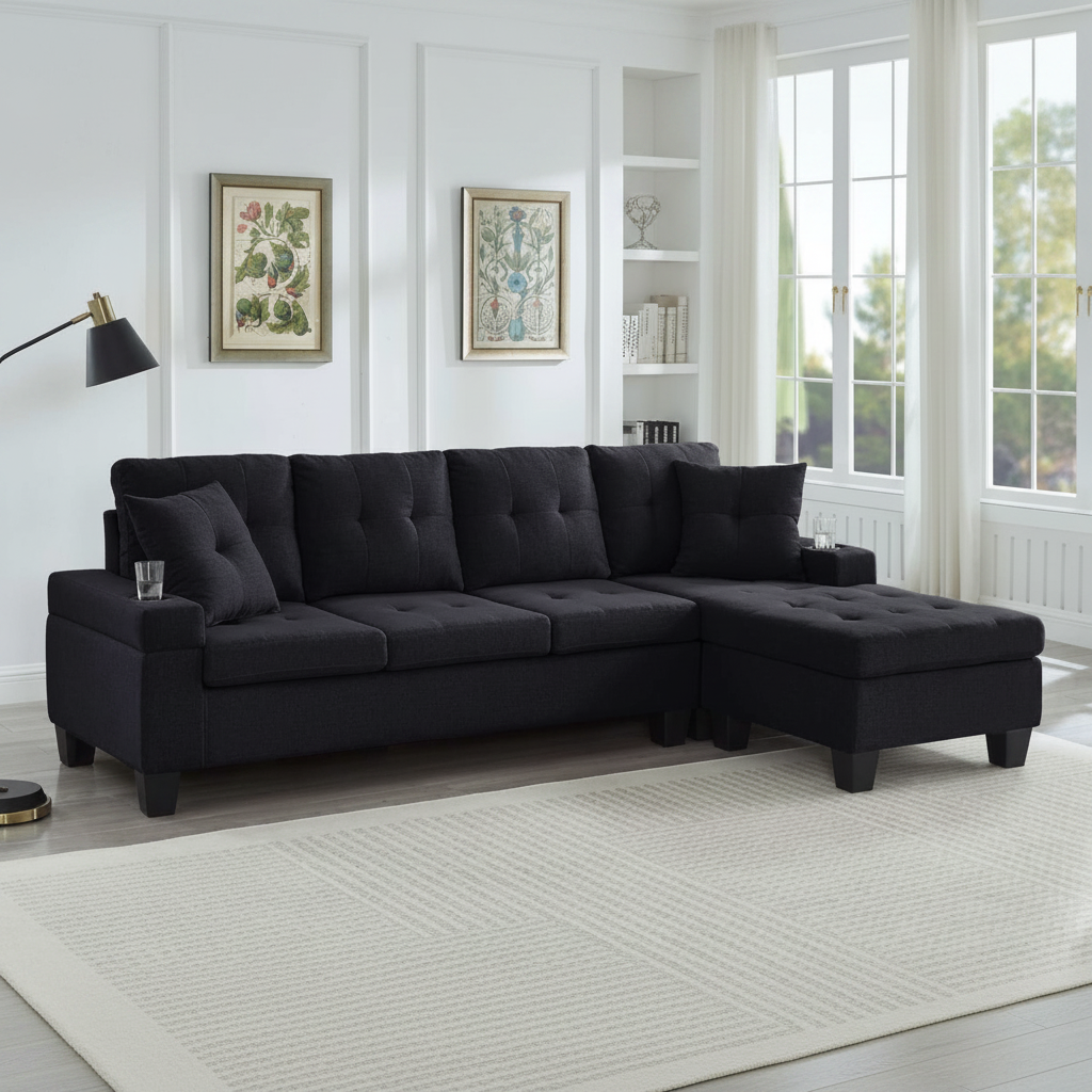 Black Fabric Reversible Sectional Sofa 1239