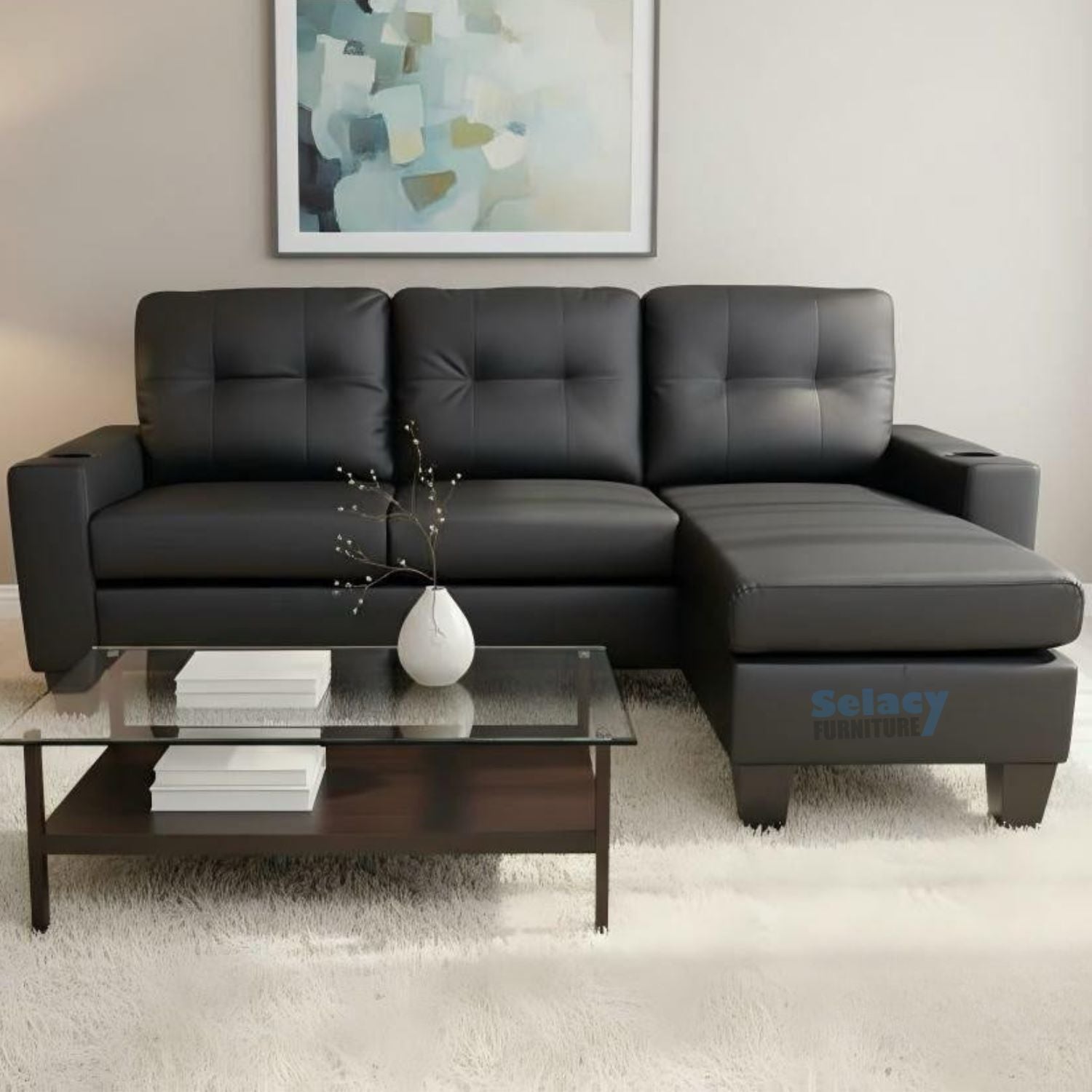 Black PU  Reversible Sectional Sofa with Cup Holder 2217
