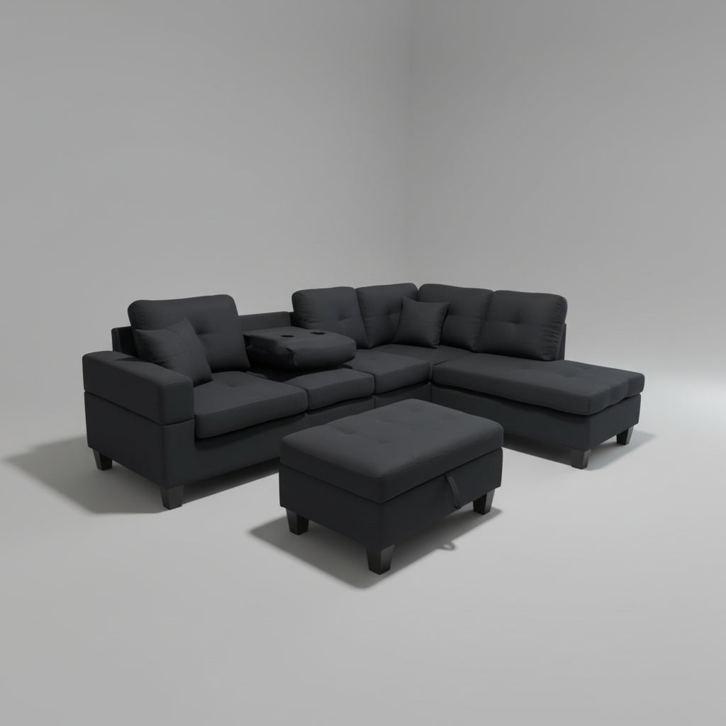 Black Reversible Sectional Sofa with Drop Down Tray & Storage Ottoman 2401
