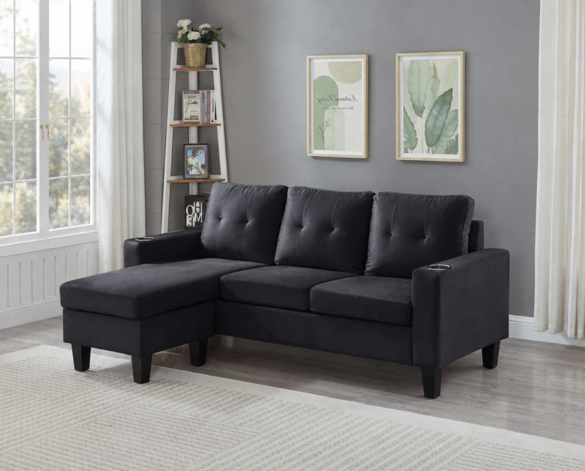 Black Velvet Reversible Sectional Sofa 1228