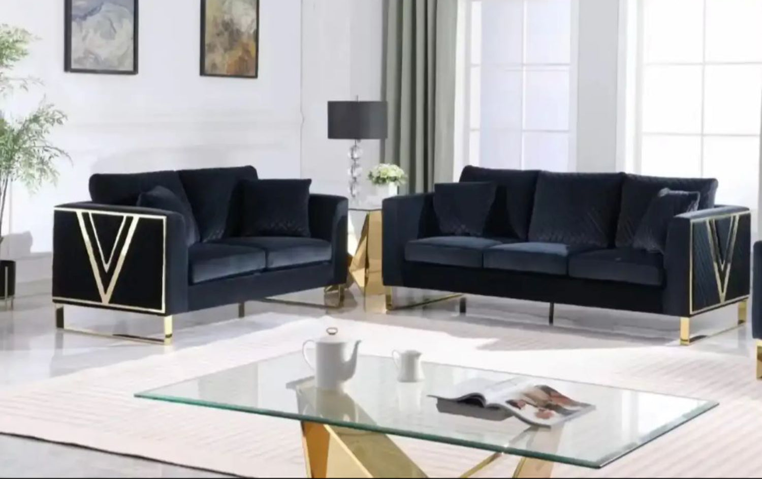 Black Velvet Sofa Set With Gold Leg W331