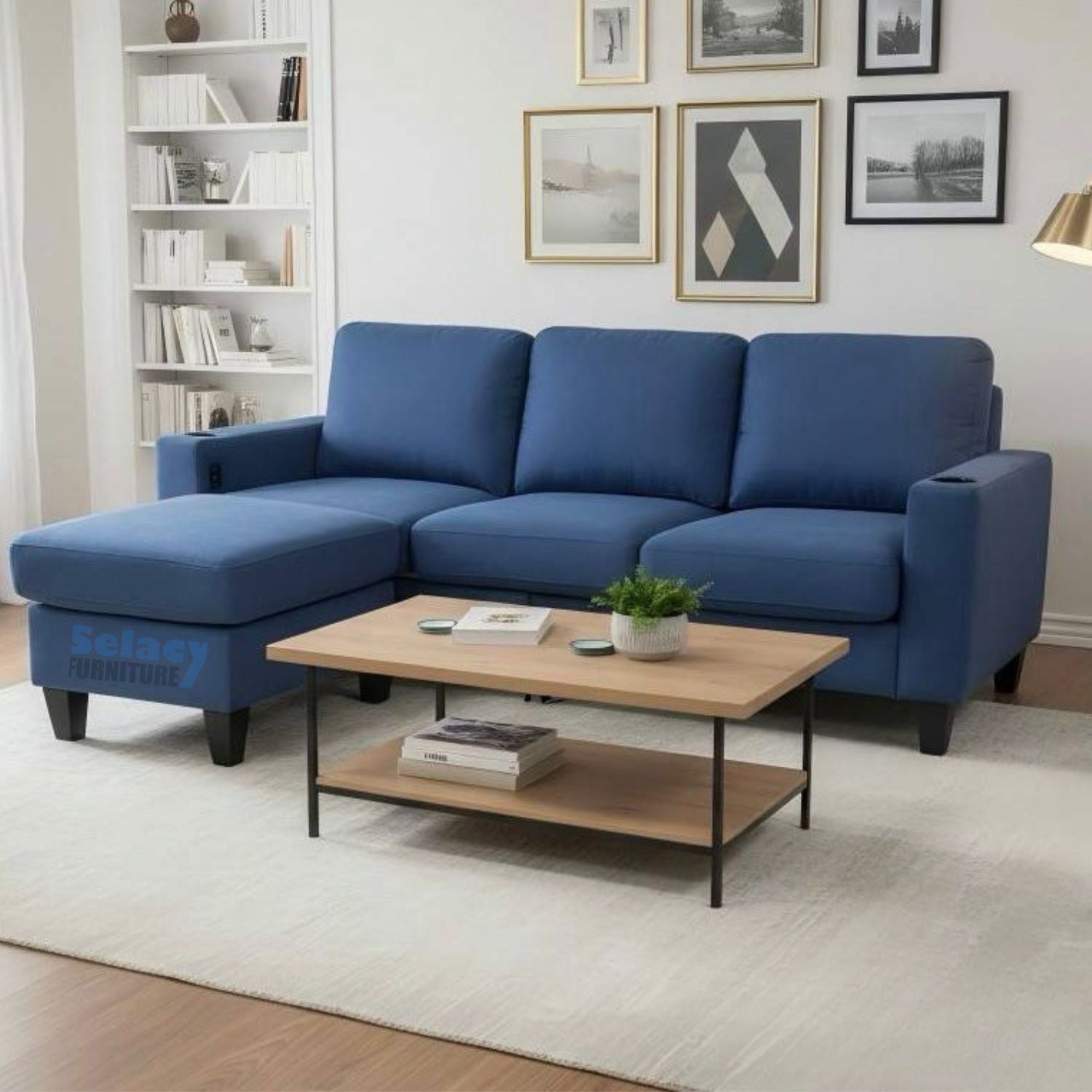 Blue Fabric Reversible Sectional Sofa With USB Port and Side Pocket 2215
