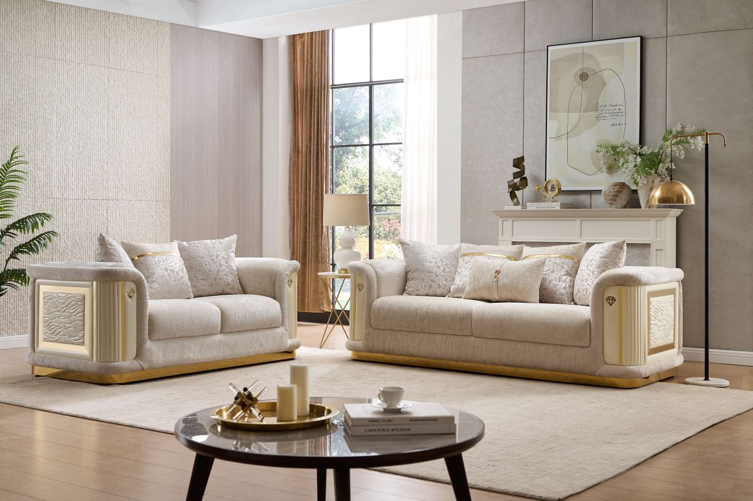 Bona Beige Fabric Sofa Set with Gold Accents 8225